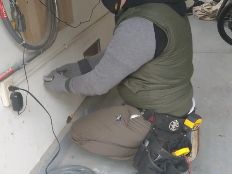 Electrician performing outlet wiring in a Fair Lawn garage